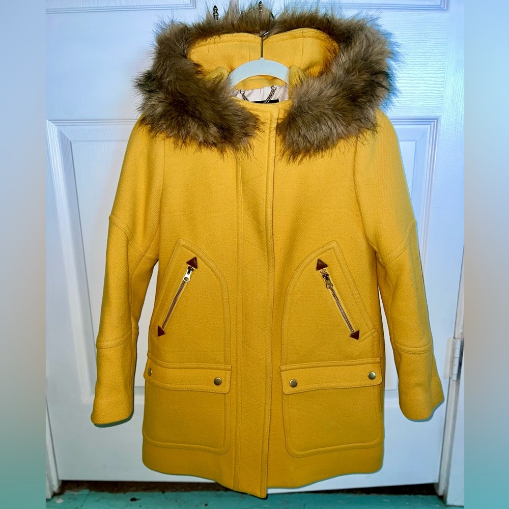 J. Crew Mustard Yellow Wool Coat with Faux Fur Hood